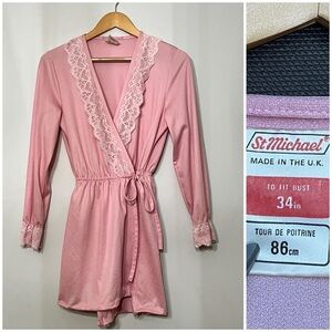 St. Michael Dressing Gown Wrap Robe Lace Pink 34 Made‎ in UK hemmed Vintage